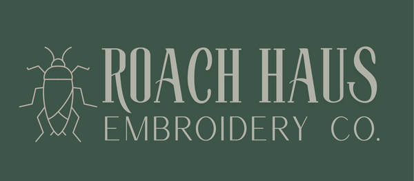Logo of Roach Haus Embroidery Co. with a stylized roach icon on a green background