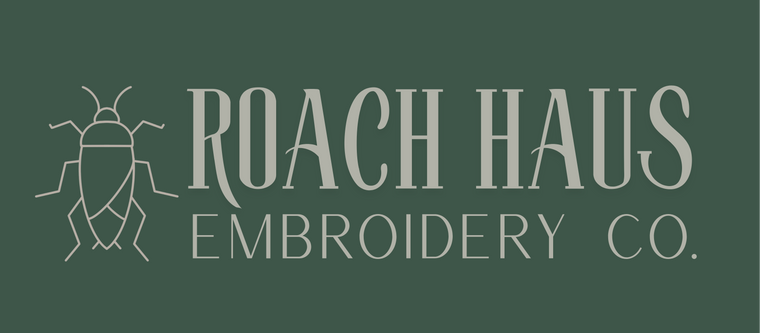 Logo of Roach Haus Embroidery Co. with a stylized roach icon on a green background